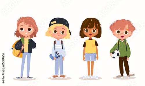 Set of school kids, pupils with books and backpacks. Vector set of preschoolers children, teenagers characters in different poses, clothes, wear. Children fashion models. Kids apparel.