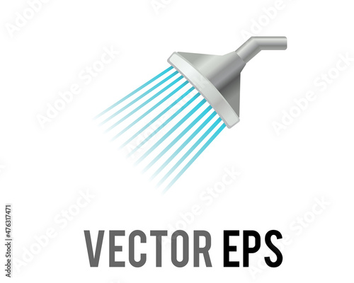 The isolated vector silver shower head icon, streaming water to the left, used for concerning bathing, washing, cleaning, and water