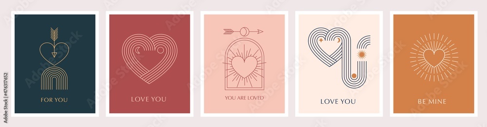 Minimalist Bohemian Valentine's day greeting cards, wall art prints. Heart, lips, sun and rainbow, design templates, geometric abstract design elements for decoration - obrazy, fototapety, plakaty 