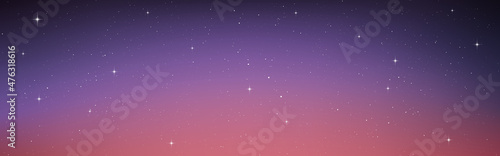 Night sky with stars. Wide sunset background with beautiful gradient. Panoramic cosmos texture. Realistic cosmic backdrop. Starry horizontal poster. Vector illustration