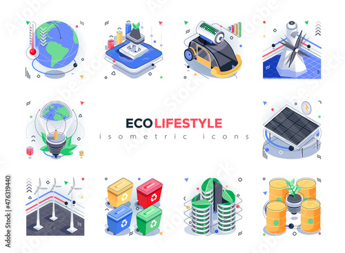 Eco lifestyle isometric icons set. Global climate change, alternative energy sources, waste sorting and recycling, nature conservation 3d isometry isolated pack. Vector illustration isometric elements