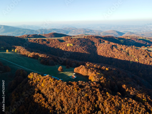 Aerial Autumn sunset view of Konyavska mountain  Bulgaria