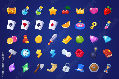Colorful slots items for game menu isolated set. Fruits, cards, dice, diamond, roulette, casino different symbols. Gambling elements kit of graphical user interface of mobile app. Vector illustration.