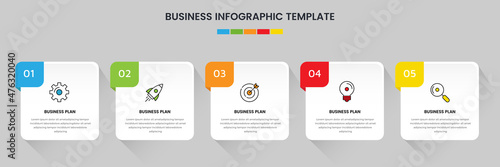Business infographic design template with icons and 5 options or steps. Can be used for workflow, presentation, etc. Vector illustration
