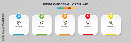 Business infographic design template with icons and 5 options or steps. Can be used for workflow, presentation, etc. Vector illustration