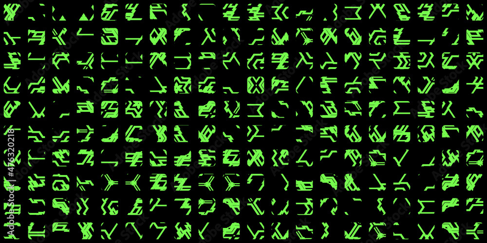 Computer generated green alien hieroglyphs symbols isolated on black background, digital alien alphabet, round squared forms, cut borders. Green aliens civilization print fonts - obrazy, fototapety, plakaty 
