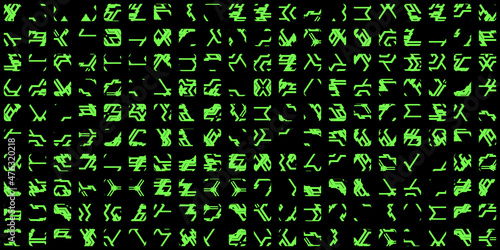Computer generated green alien hieroglyphs symbols isolated on black background, digital alien alphabet, round squared forms, cut borders. Green aliens civilization print fonts