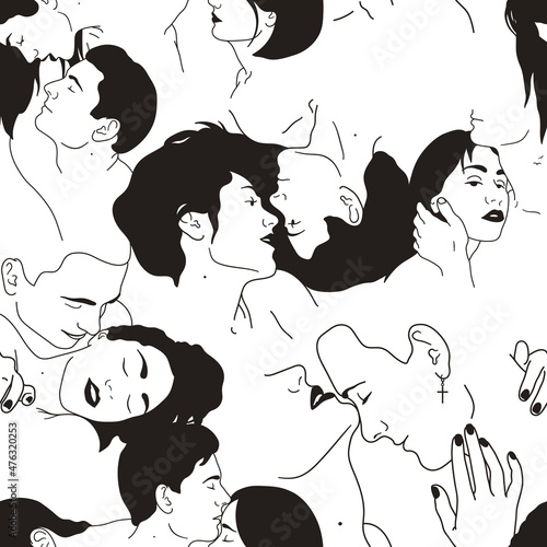 Lovers faces. People in love seamless pattern. Linear digital paper