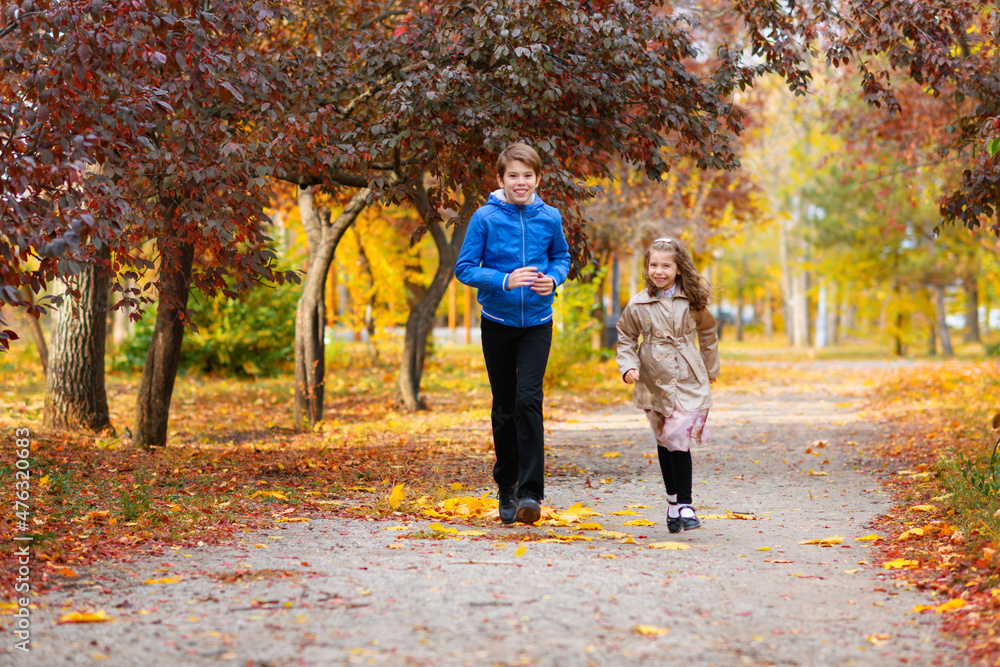 Fototapeta premium children run along the path in the autumn park . they play and laugh, they have a lot of fun. they are surrounded by beautiful nature and trees with yellow and red leaves