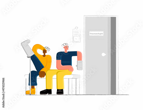 Vector mixed flat, linear illustration with injured patients, broken limbs who are waiting for their turn in front of door traumatologist office. Concept treatment, health, doctor appointments.