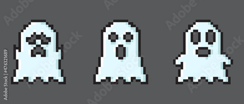 Set of vector pixel art ghost. Pixel character ghosts. Pixel art ghosts set. Retro 8 bit pixel ghosts and spirits icons. Pixel art paranormal ghosts pack. Vector illustration