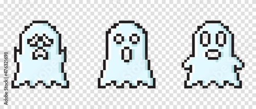 Set of vector pixel art ghost. Pixel character ghosts. Pixel art ghosts set. Retro 8 bit pixel ghosts and spirits icons. Pixel art paranormal ghosts pack. Vector illustration