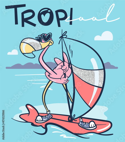 Flamingo on windsurfing board at the beach