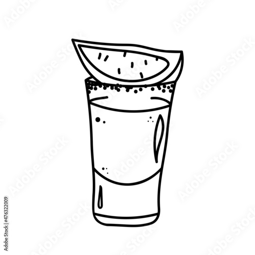 Tequila shot with lime and salt. Vector illustration in doodle style isolated.