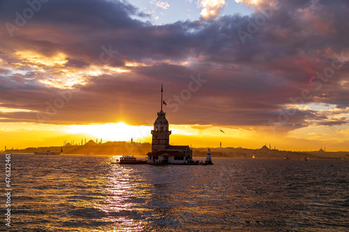 Maidens Tower at sunset    stanbul. Beautiful clouds with blue sky. Historical light house of   stanbul