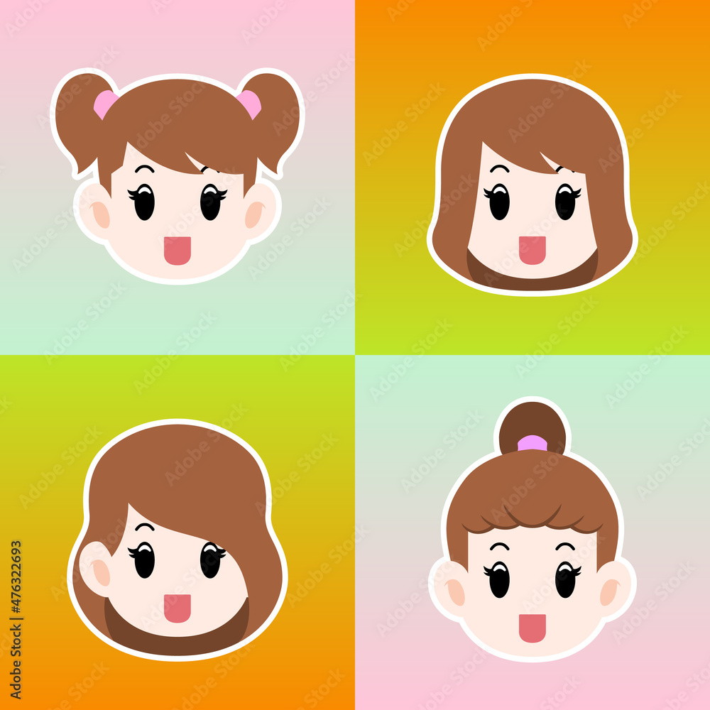 Cartoon illustration bundle of girl faces Cartoon illustration bundle of girl faces