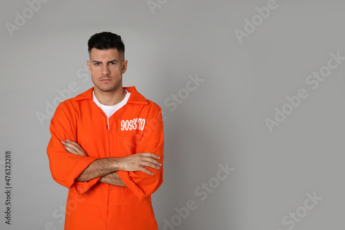 Bilde på lerret Prisoner in orange jumpsuit on grey background, space for text