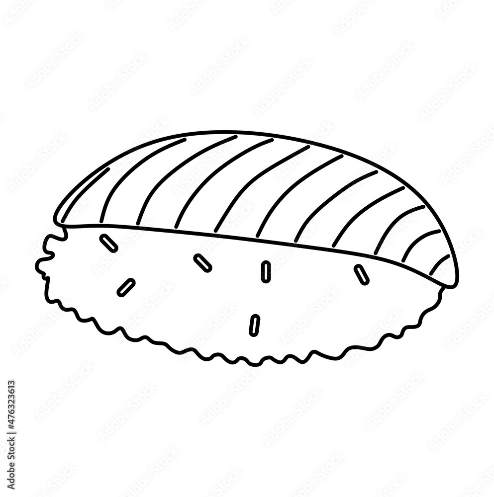 Black and white vector illustration of sushi with salmon meat on it for coloring book and doodles Black and white vector illustration of sushi with salmon meat on it for coloring book and doodles