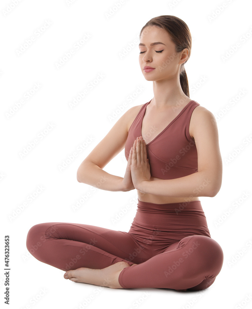 Beautiful young woman meditating on white background Beautiful young woman meditating on white background