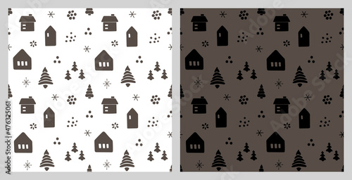 Christmas seamless pattern with isolated painted christmas trees, house, snowflakes. Flat vector illustration for paper, textile, fabric, prints, wrapping, greeting cards, banners