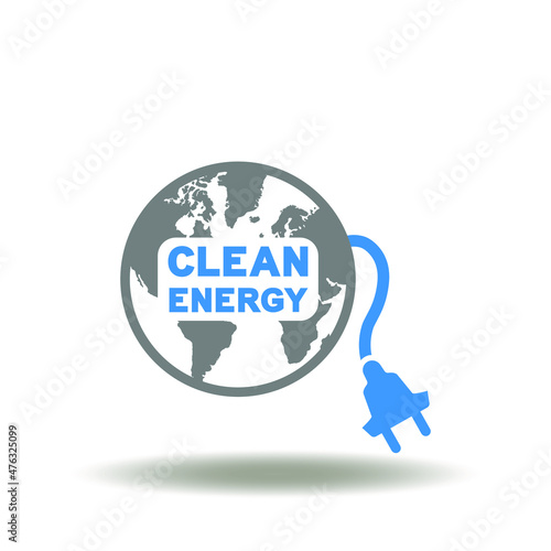 Vector illustration of earth planet with electrical plug. Icon of green power. Symbol of clean energy.