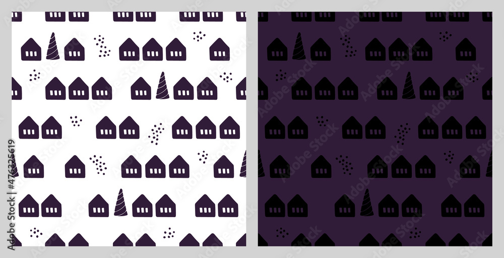 Fototapeta premium Christmas seamless pattern with isolated painted christmas trees, house, snowflakes. Flat vector illustration for paper, textile, fabric, prints, wrapping, greeting cards, banners