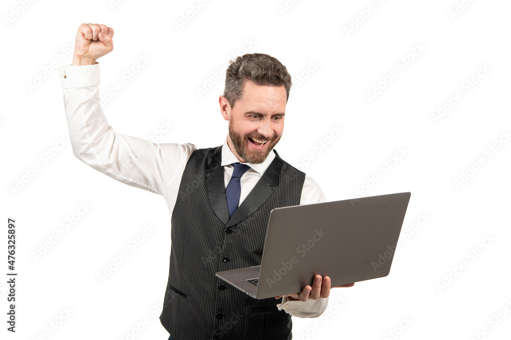 happy guy in businesslike suit with computer isolated on white background, successful business happy guy in businesslike suit with computer isolated on white background, successful business