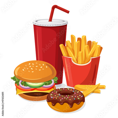 Fast food meal set with classic cheese burger, grilled meat, french fries, glazed donut and soft drink cup. Vector illustration isolated on white background