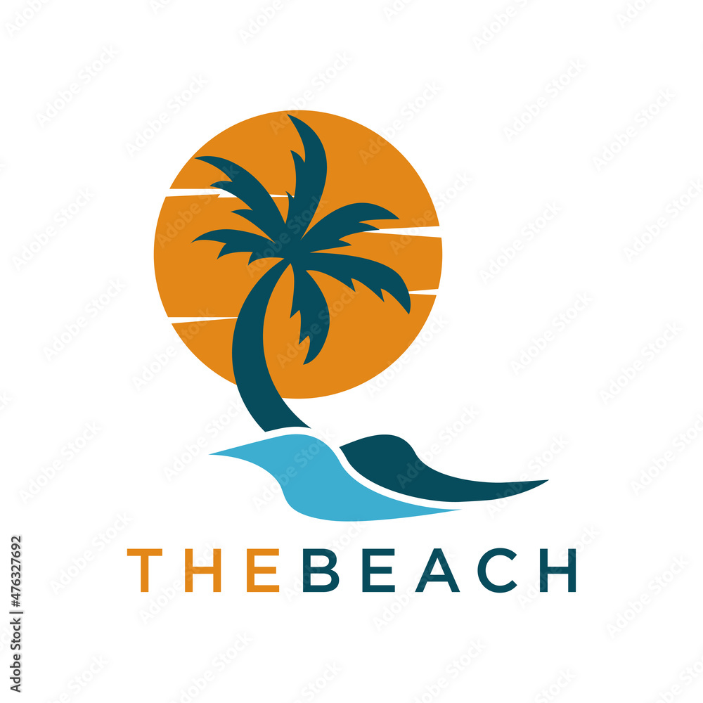Beach Logo With Palm Tree Logo Vector Design Template.