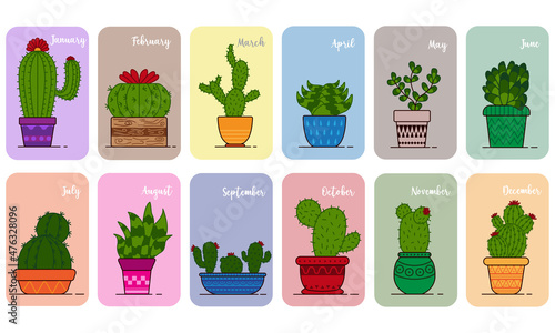 Various kinds of cute cactus plants with the description of the name of the month. Vector illustration of a graphic. Perfect for calendar icons, stickers, backgrounds, etc.