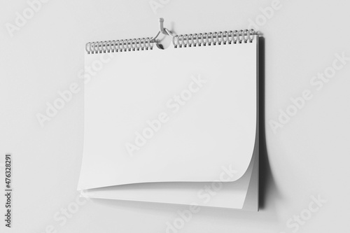 clean white blank horizontal portrait wall spiral rings wire bound binding paper page 8.5 x 11 inches calendar realistic mockup perspective right view clay 3d rendering 3d illustration photo