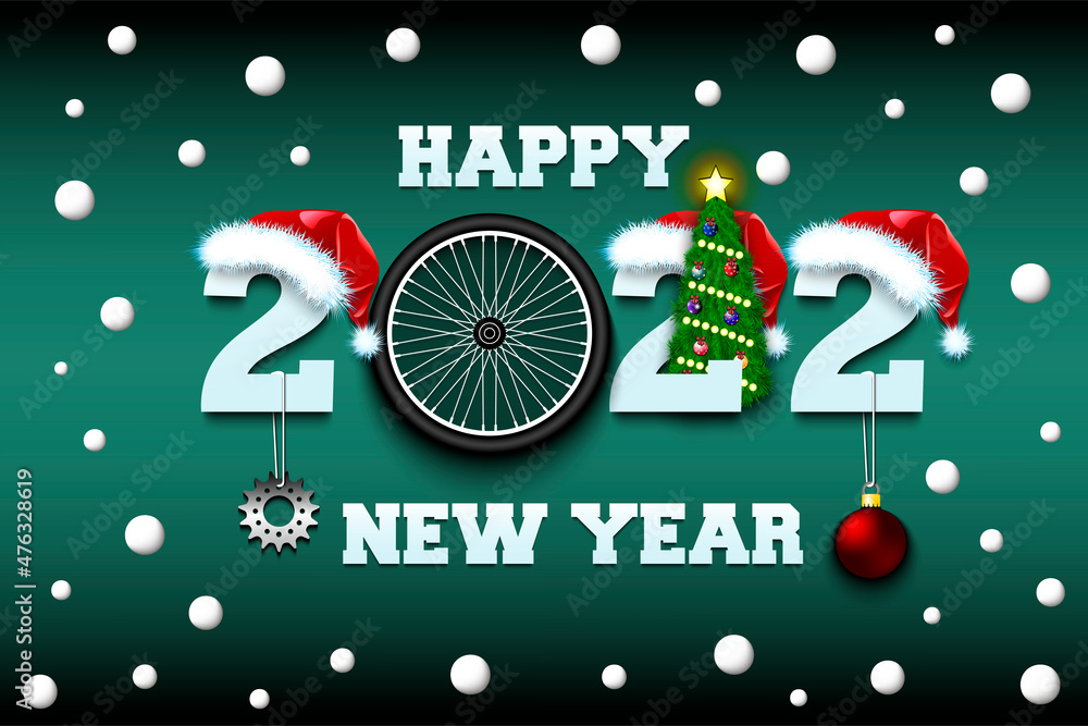 Happy new year. 2022 with bike wheel. Numbers in Christmas hats with football boot and Christmas tree ball. Original template design for greeting card. Vector illustration on isolated background
