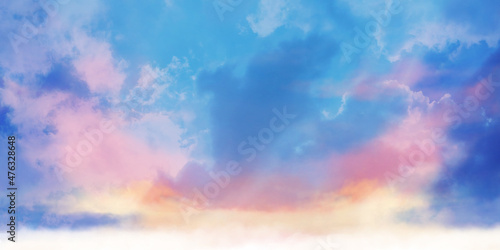 Billede på lærred 朝焼けの空の風景イラスト　水彩風テクスチャ素材