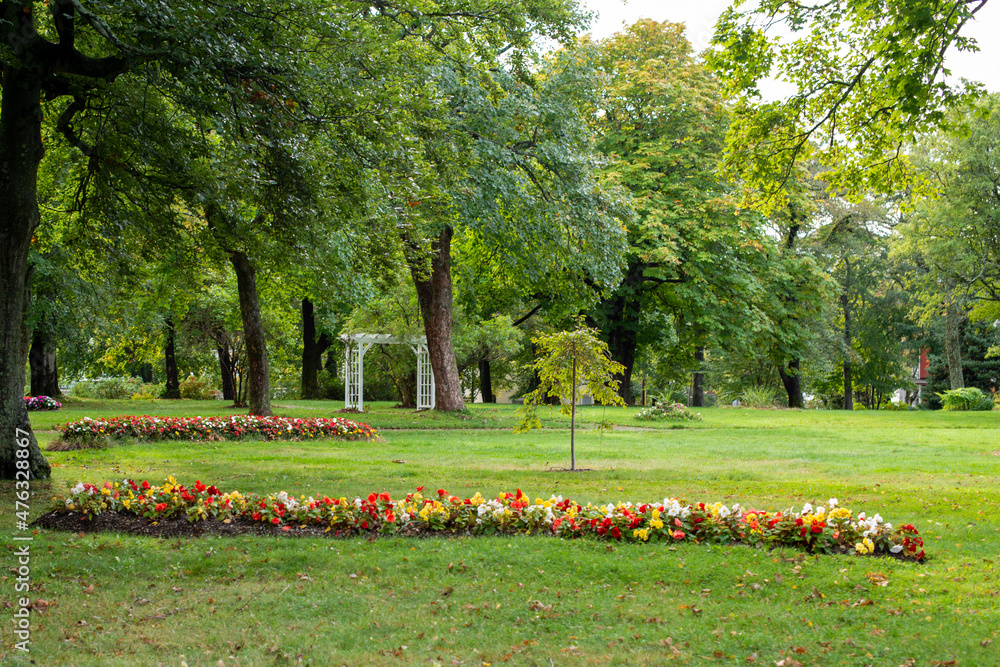 Rows of colorful flowers in a park. The flowers are red, yellow, and orange in color. There are tall mature trees along the edge of the garden. Tall maple trees surround the exterior green grass lawn.