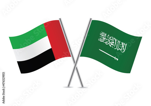 Saudi Arabia and United Arab Emirates flags. Saudi and UAE flags isolated on white background.  Vector illustration.
