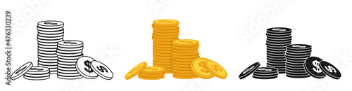 Gold coin pile cartoon or stamp, doodle outline set. Neat money piles, various bunche gold coins heap. Mountain currency icons. Pennies hundreds bunches, cash, accumulation finance vector