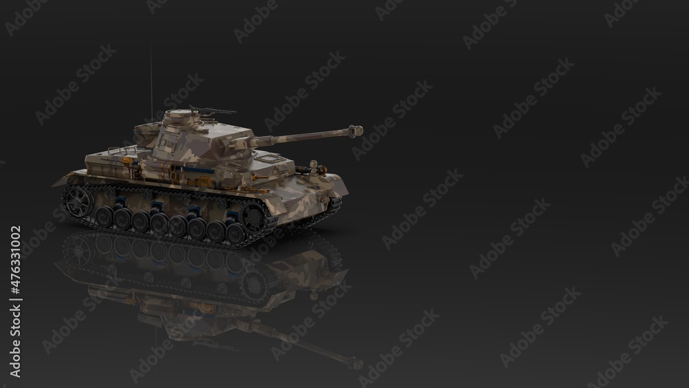 Fototapeta premium Metallic military camo painting tank on black-white flash lighting background. Concept image of power strength, dynamic strategy and Strong system. 3D illustration. 3D high quality rendering. 3D CG.