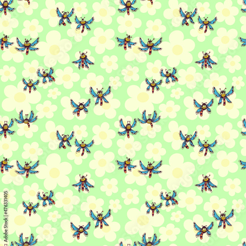 Vector seamless pattern. Ornament with insects and flowers. Design print for textile, fabric, wallpaper, background.