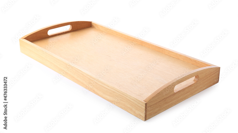 One empty wooden tray isolated on white One empty wooden tray isolated on white