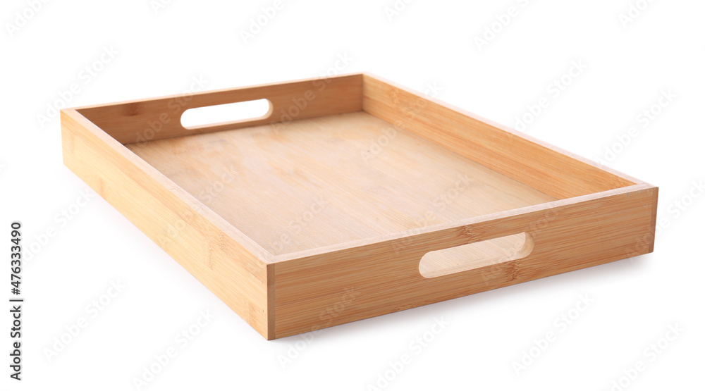 One empty wooden tray isolated on white One empty wooden tray isolated on white