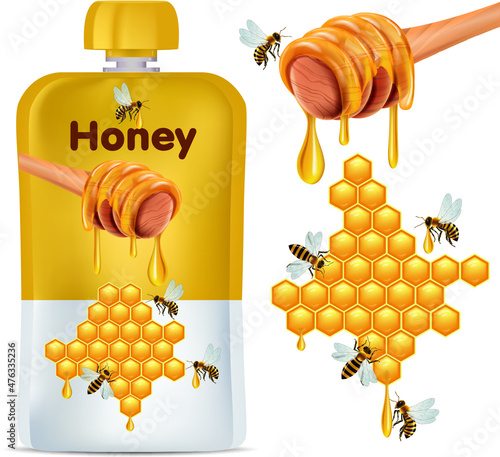 Wildflower honey product package design in illustration with honey dipper and dripping liquid.