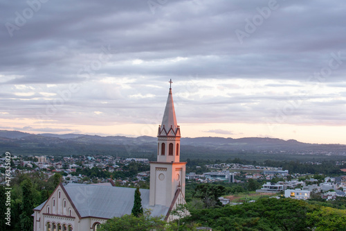 New Hamburg, Rio Grande do sul, Brazil- December 16, 2021 : view of the OUR LADY OF MERCY CHURCH from totel swan tower