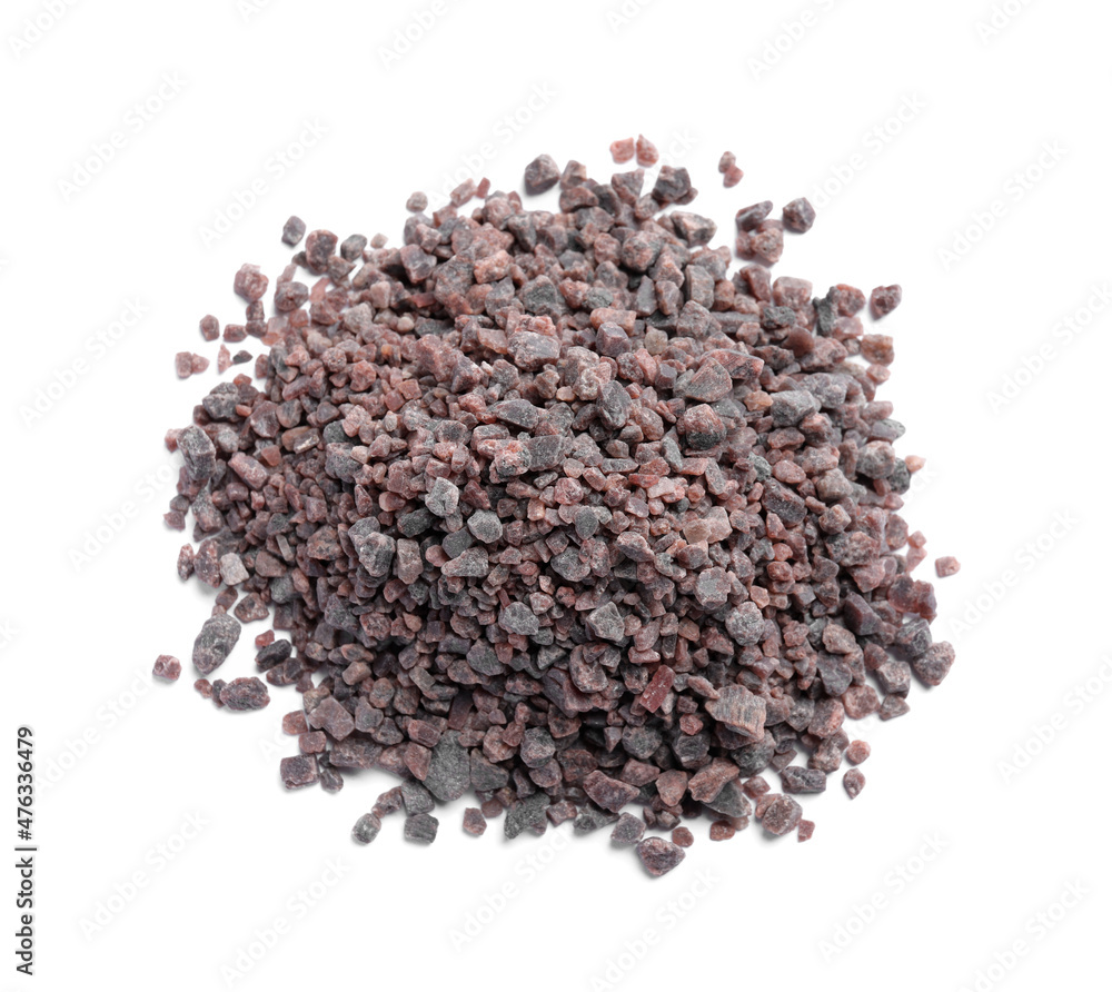 Heap of black salt on white background, top view Heap of black salt on white background, top view