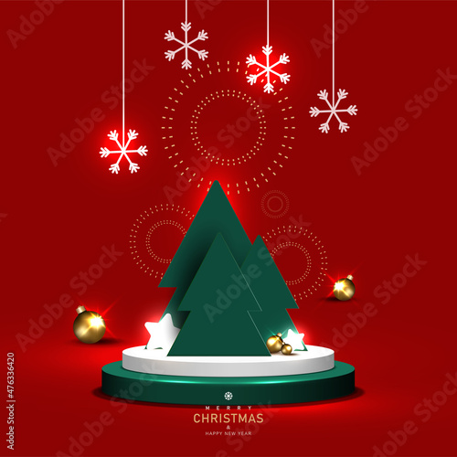Merry Christmas and Happy new year. Red background with elements for Christmas and festive. Product display concept. Vector illustration.