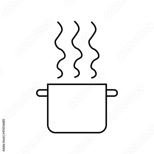 Hot saucepan icon. Without lid. Cooking pot. Boiling process. Kitchen utensil. Vector illustration. Stock image. 