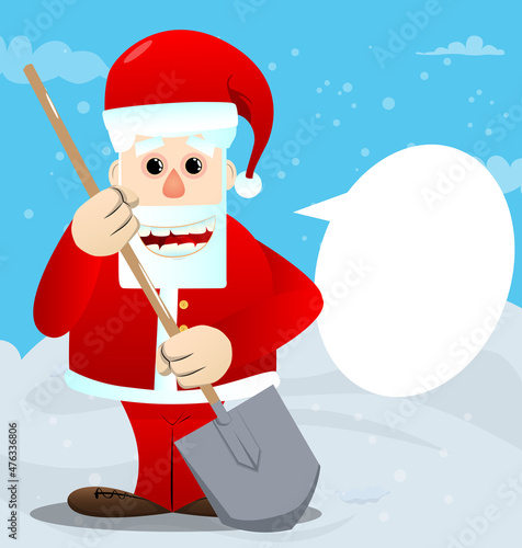 Santa Claus in his red clothes with white beard holding a shovel. Vector cartoon character illustration.