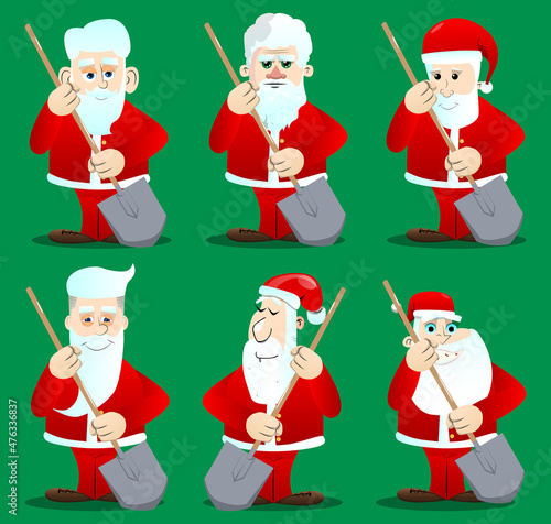 Santa Claus in his red clothes with white beard holding a shovel. Vector cartoon character illustration.
