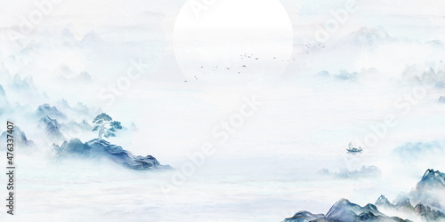 New Chinese blue artistic conception landscape painting