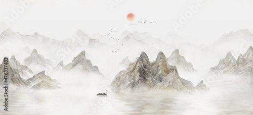 Fototapeta Naklejka Na Ścianę i Meble -  New Chinese blue artistic conception landscape painting