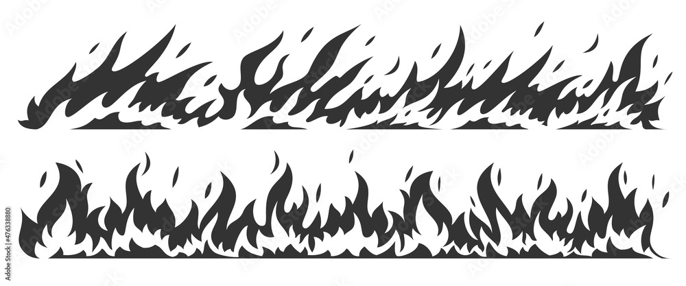 Fototapeta premium Fire bonfire border flames black silhouette set. Stamp flame energy fiery explosion hot outline warning symbols. Collection sign icon danger ignition object forest fires flammable isolated on white
